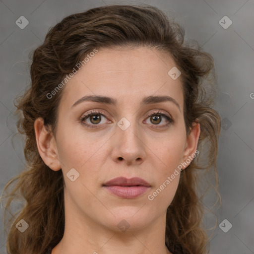 Joyful white young-adult female with medium  brown hair and green eyes