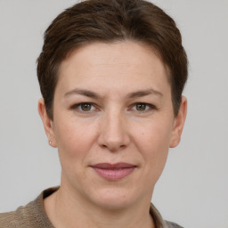 Joyful white adult female with short  brown hair and grey eyes