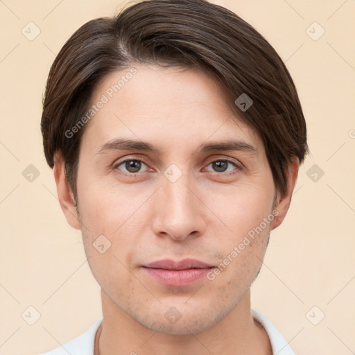 Neutral white young-adult male with short  brown hair and brown eyes