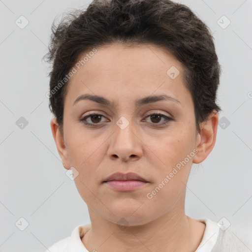 Neutral white young-adult female with short  brown hair and brown eyes