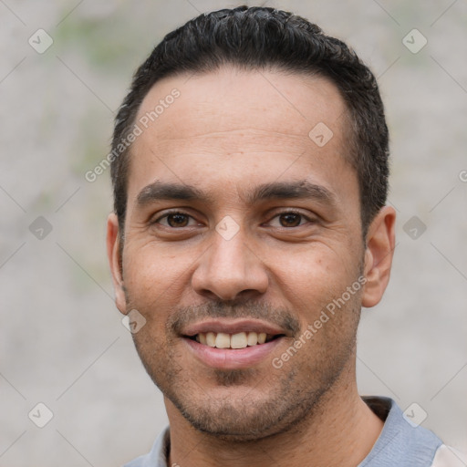 Joyful white young-adult male with short  black hair and brown eyes