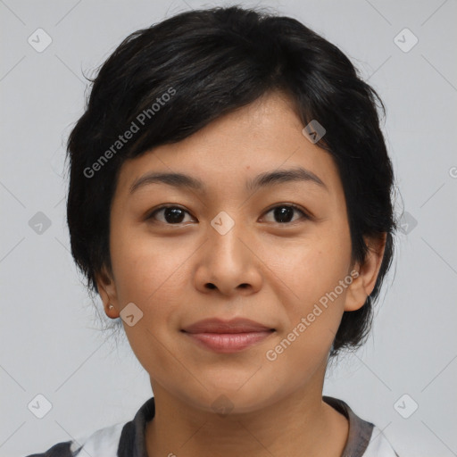 Joyful asian young-adult female with medium  black hair and brown eyes