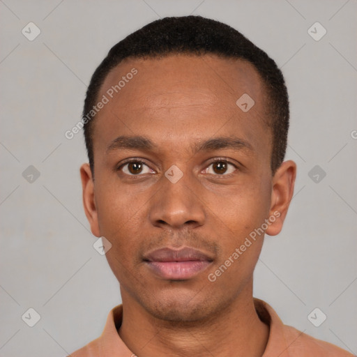 Neutral black young-adult male with short  black hair and brown eyes