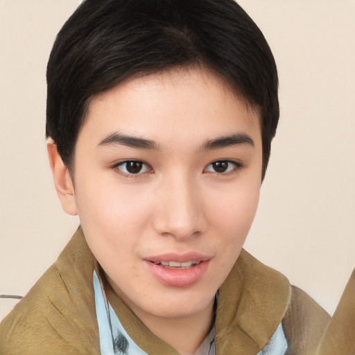 Joyful asian young-adult female with short  brown hair and brown eyes