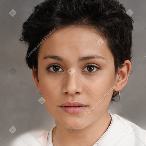 Neutral white young-adult female with short  brown hair and brown eyes