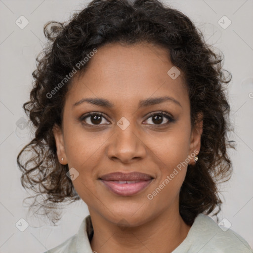 Joyful black young-adult female with medium  brown hair and brown eyes