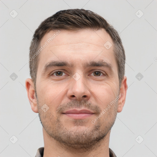 Neutral white adult male with short  brown hair and brown eyes