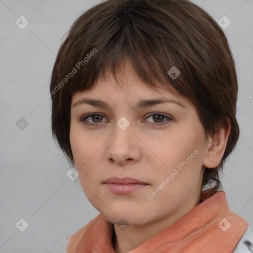 Neutral white young-adult female with medium  brown hair and brown eyes