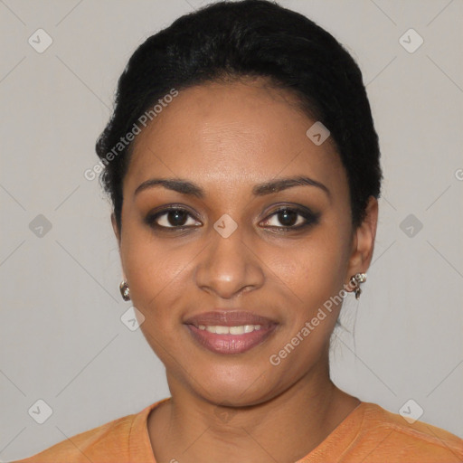 Joyful black young-adult female with short  black hair and brown eyes