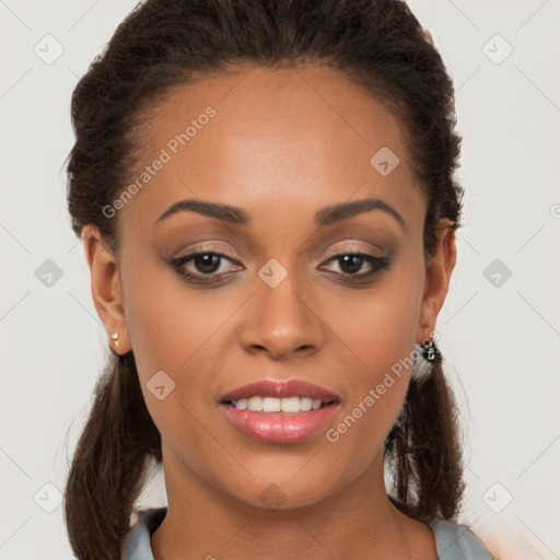 Joyful white young-adult female with long  brown hair and brown eyes