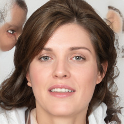 Joyful white young-adult female with medium  brown hair and blue eyes