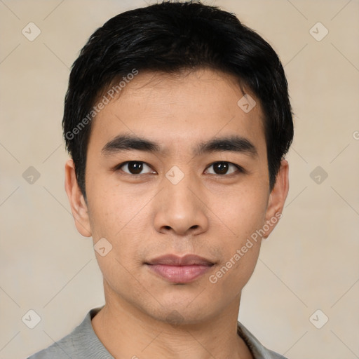 Neutral asian young-adult male with short  black hair and brown eyes