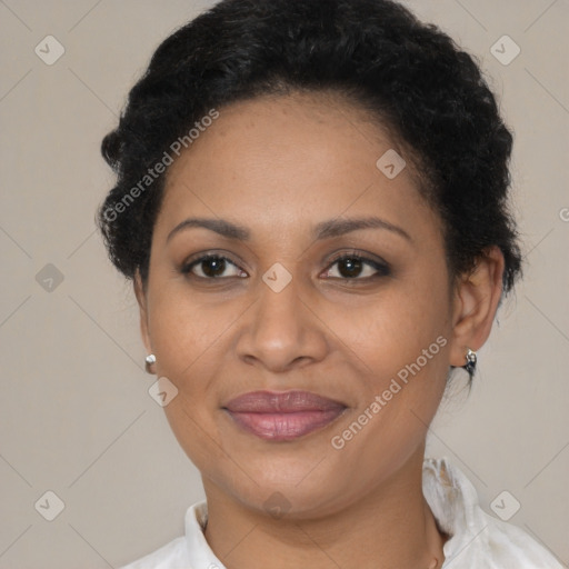 Joyful latino young-adult female with short  brown hair and brown eyes