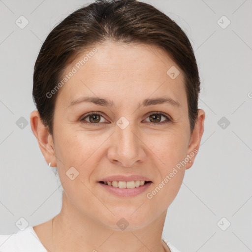 Joyful white young-adult female with short  brown hair and brown eyes