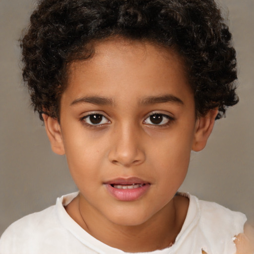 Joyful white child female with short  brown hair and brown eyes