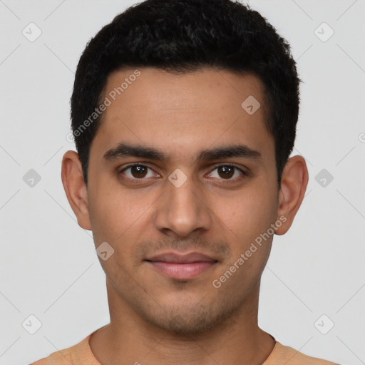 Neutral latino young-adult male with short  black hair and brown eyes