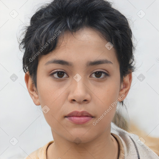 Neutral asian young-adult female with short  brown hair and brown eyes