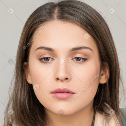 Neutral white young-adult female with long  brown hair and brown eyes