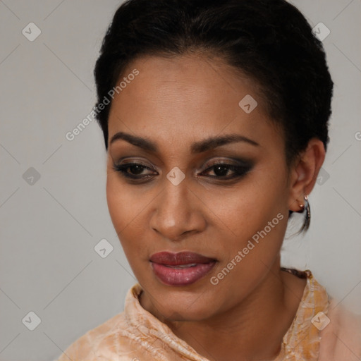 Joyful latino young-adult female with short  brown hair and brown eyes