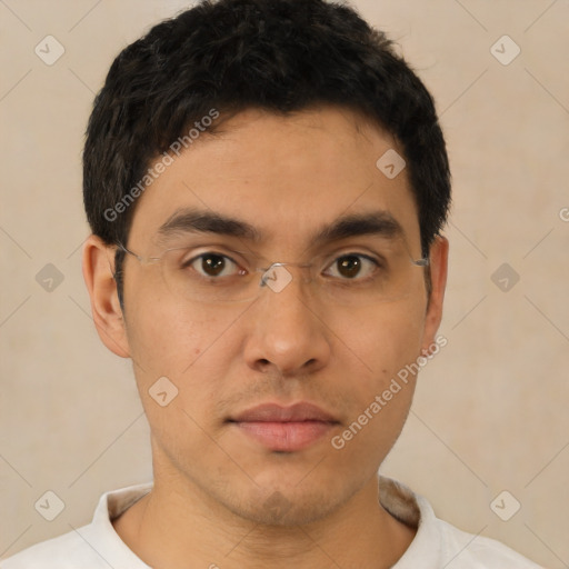 Neutral latino young-adult male with short  brown hair and brown eyes