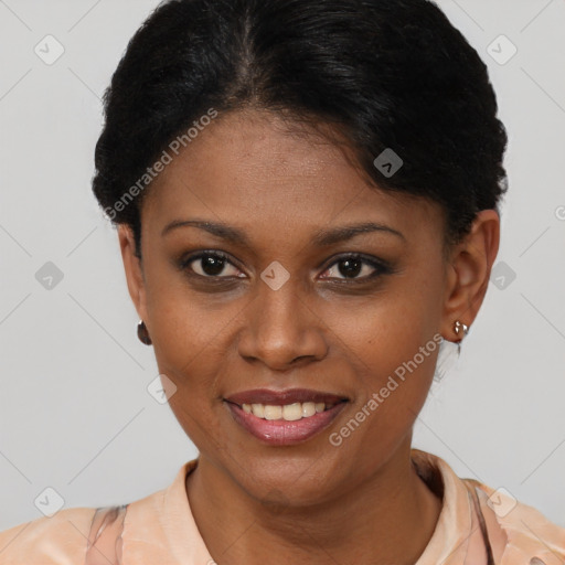 Joyful latino young-adult female with short  brown hair and brown eyes