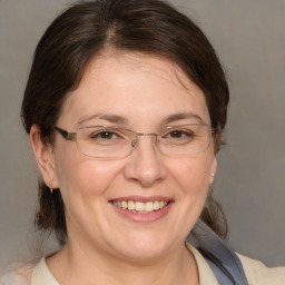 Joyful white adult female with medium  brown hair and brown eyes