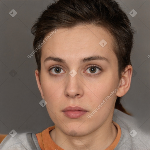 Neutral white young-adult female with short  brown hair and brown eyes