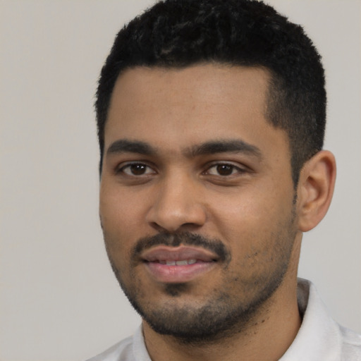 Neutral latino young-adult male with short  black hair and brown eyes