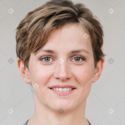 Joyful white young-adult female with short  brown hair and grey eyes