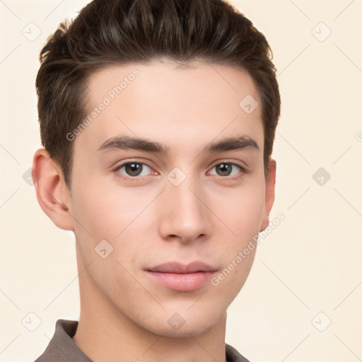 Neutral white young-adult male with short  brown hair and brown eyes