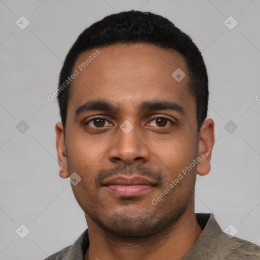 Neutral latino young-adult male with short  black hair and brown eyes