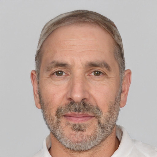 Neutral white middle-aged male with short  gray hair and brown eyes