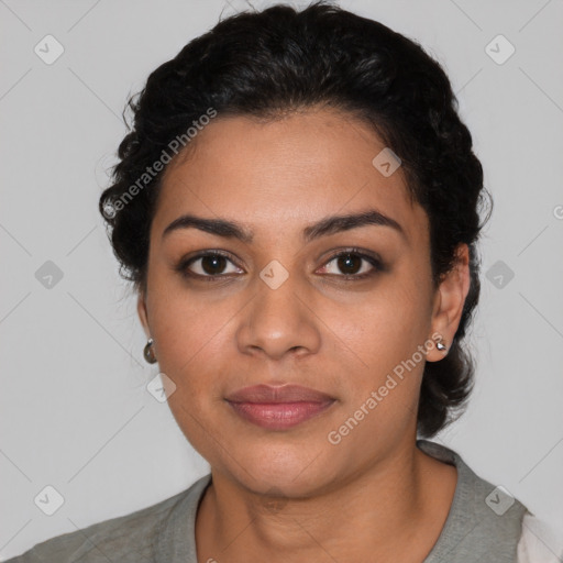 Joyful latino young-adult female with medium  black hair and brown eyes