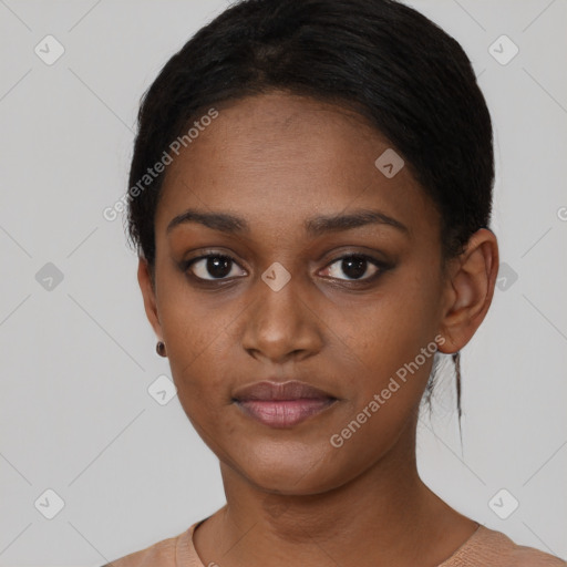 Neutral black young-adult female with short  black hair and brown eyes