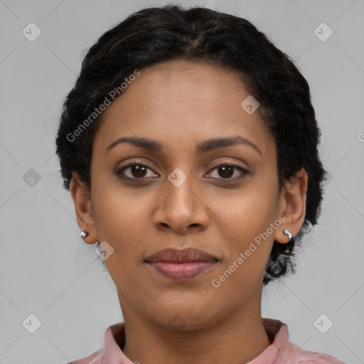 Joyful latino young-adult female with short  black hair and brown eyes