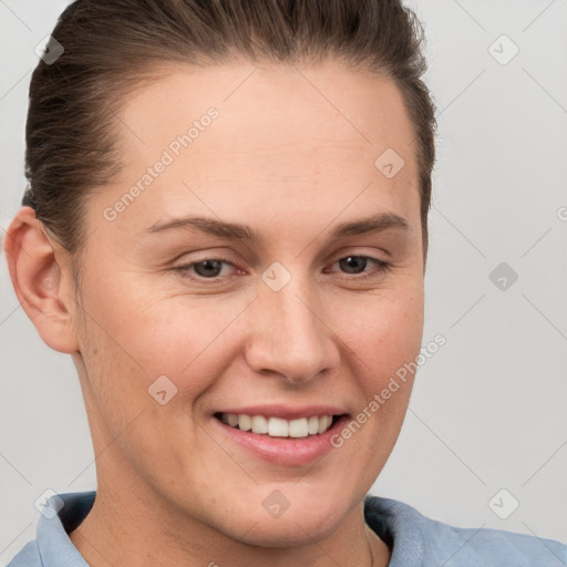 Joyful white young-adult female with short  brown hair and brown eyes