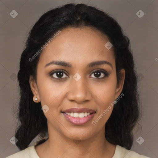 Joyful latino young-adult female with long  black hair and brown eyes