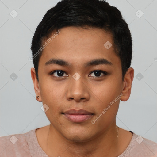 Neutral asian young-adult male with short  black hair and brown eyes