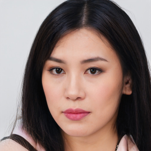 Neutral asian young-adult female with long  brown hair and brown eyes