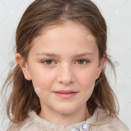 Joyful white child female with medium  brown hair and blue eyes