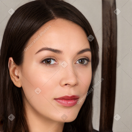 Neutral white young-adult female with long  brown hair and brown eyes