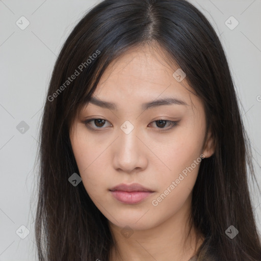 Neutral asian young-adult female with long  brown hair and brown eyes