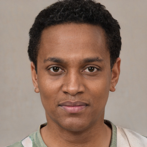 Neutral black young-adult male with short  brown hair and brown eyes