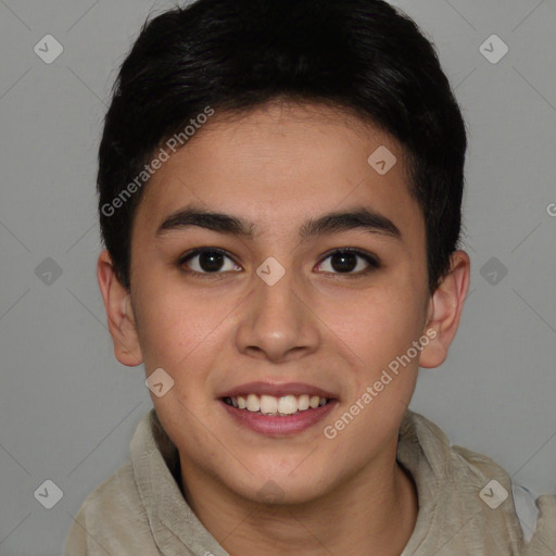 Joyful latino young-adult male with short  brown hair and brown eyes