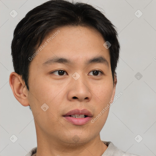 Neutral asian young-adult male with short  brown hair and brown eyes