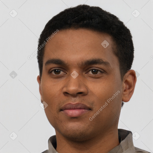 Neutral black young-adult male with short  black hair and brown eyes