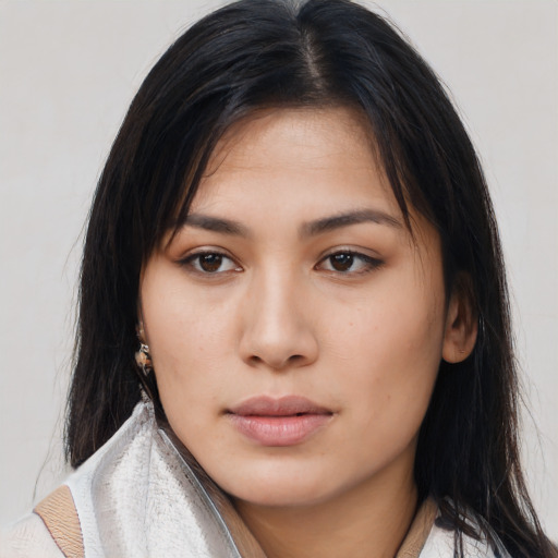 Neutral asian young-adult female with medium  black hair and brown eyes