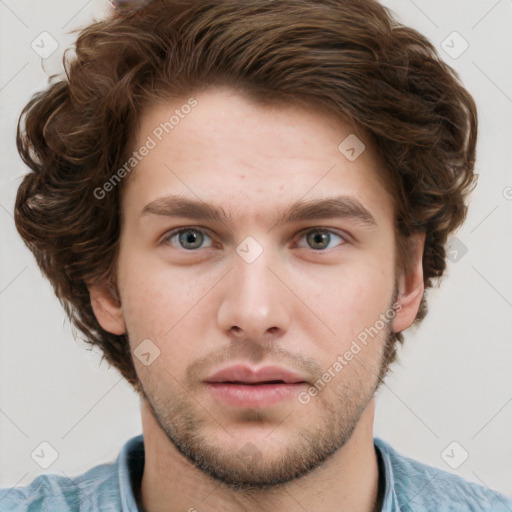 Neutral white young-adult male with short  brown hair and grey eyes