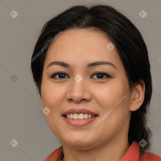 Joyful white young-adult female with medium  brown hair and brown eyes