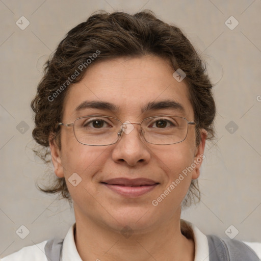 Joyful white adult female with short  brown hair and brown eyes